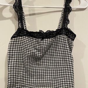 Black and White Gingham Lace Trim Crop Tank Top